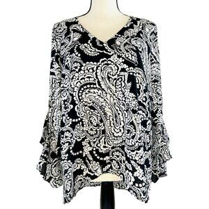 Vince Camuto Tunic Blouse Black White Floral Asymmetrical V Neck Ruffle Sleeve M